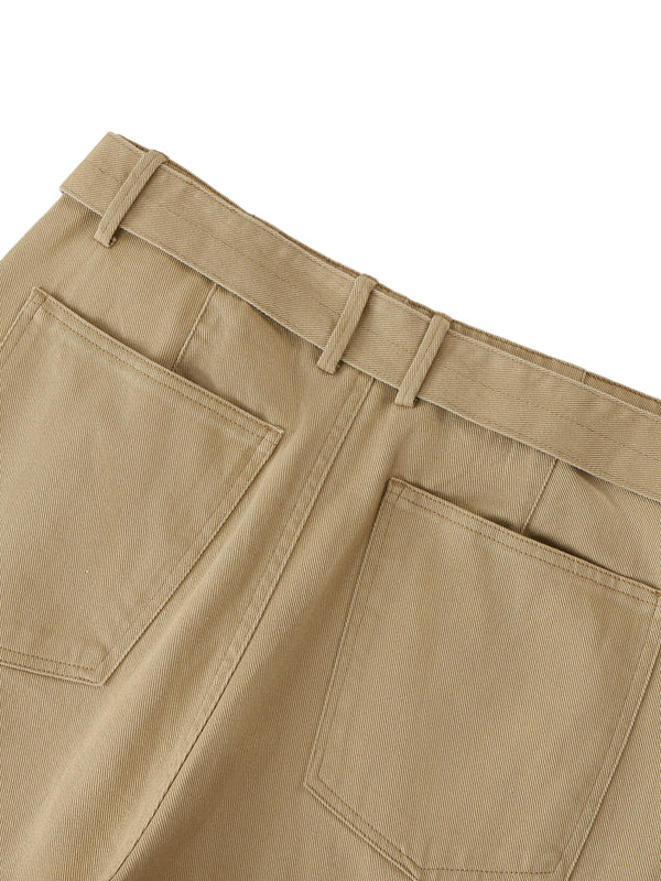 Fashion Solid Colour Women's Belted Barrel-leg Chino Pants Khaki