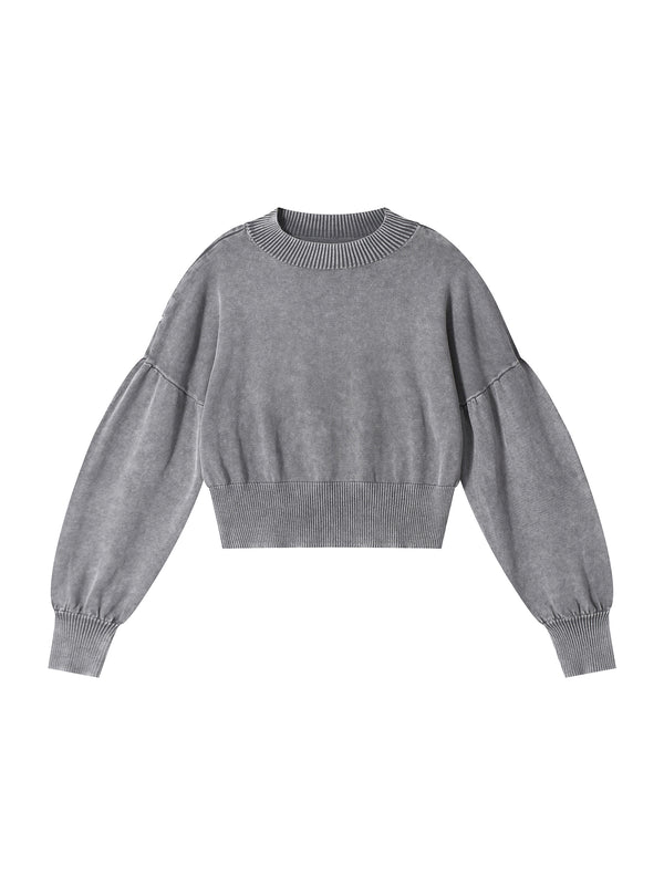 Mineral Wash Women's Balloon Sleeve Cropped Sweater Grey