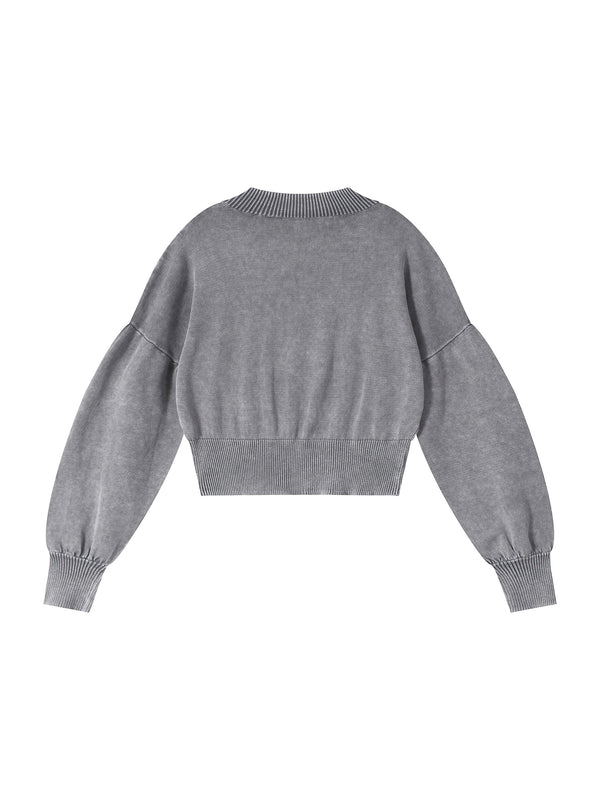 Mineral Wash Women's Balloon Sleeve Cropped Sweater Grey