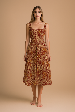 INTRICATE LEAVES TIE WAIST SLEEVELESS DRESS BRIGHT GARNET