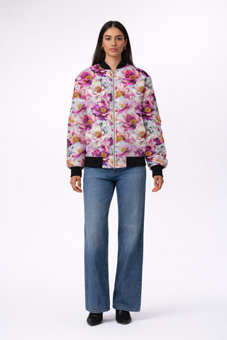 Leopards & Peonies Silk Bomber Jacket Symphony Grey