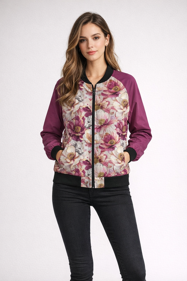 Leopards & Peonies Women's Bomber Jacket Fuchsia Rose
