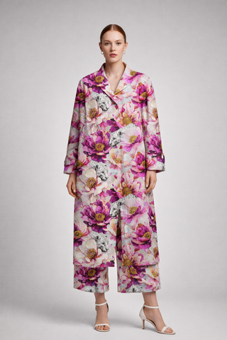 Leopards & Peonies Neoprene Trench Coat Symphony Grey