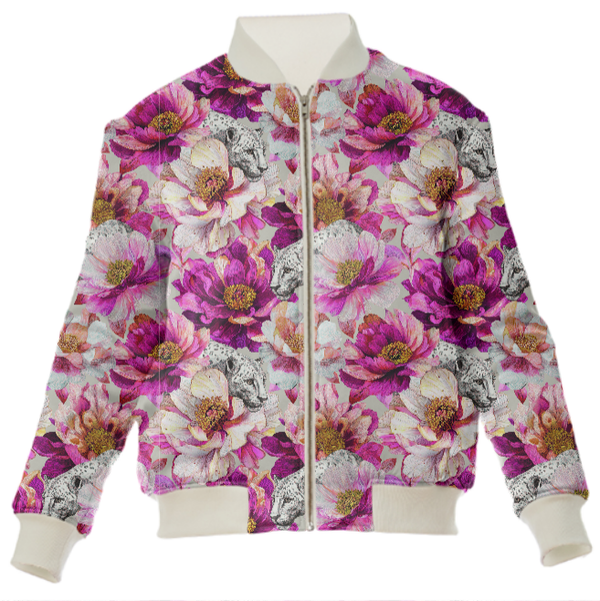 Leopards & Peonies Silk Bomber Jacket Symphony Grey