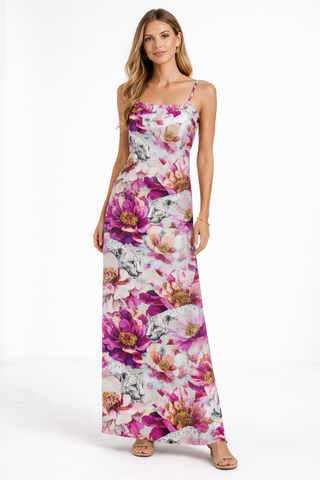 Leopards & Peonies Poly Twill Maxi Dress Symphony Grey