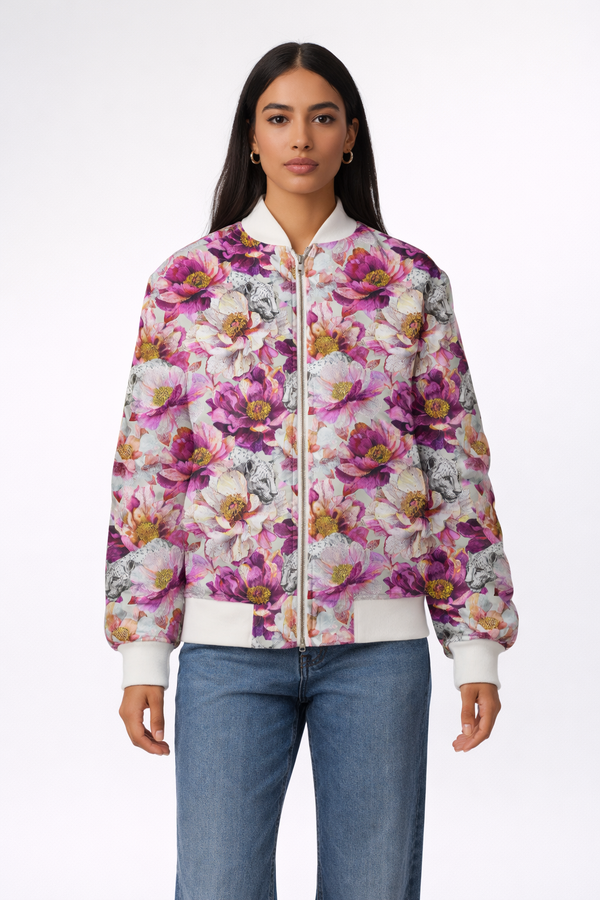 Leopards & Peonies Silk Bomber Jacket Symphony Grey