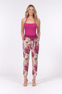 Leopards & Peonies Women's Belted Tapered Pants Fuchsia Rose