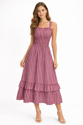 Mauve & Burgundy Fine Stripes Women's Ruffle Hem Dress Multi