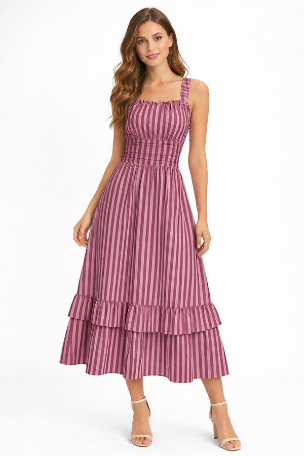 Mauve & Burgundy Fine Stripes Women's Ruffle Hem Dress Multi