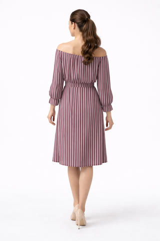 Mauve & Burgundy Fine Stripes Women's Off-Shoulder Dress With Belt Multi