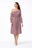 Mauve & Burgundy Fine Stripes Women's Off-Shoulder Dress With Belt Multi