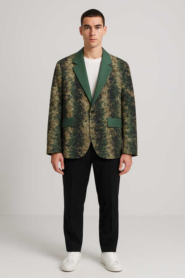 MILITARY CAMOUFLAGE MEN'S CASUAL FLAT LAPEL COLLAR BLAZER ARMY GREEN