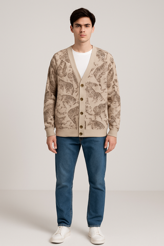 MONOCHROME TIGERS MEN'S V-NECK KNITTED FLEECE CARDIGAN WITH BUTTON CLOSURE PALMER BEIGE