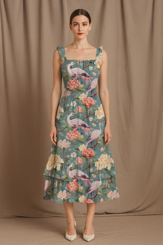 PASTEL BIRDS WOMEN'S RUFFLE HEM DRESS MULTI