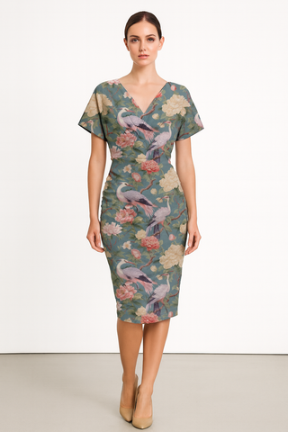 PASTEL BIRDS WOMEN'S V-NECK PLEATED DRESS MULTI