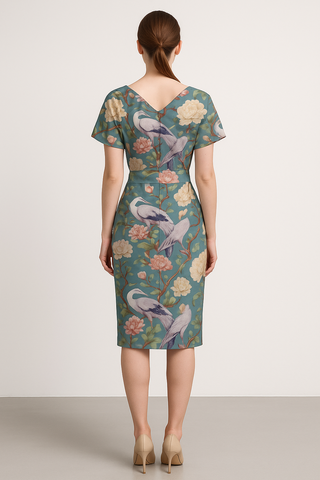 PASTEL BIRDS WOMEN'S V-NECK PLEATED DRESS MULTI