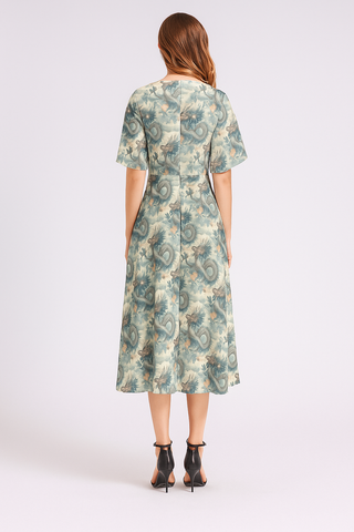PASTEL DRAGONS SHORT SLEEVE WAIST FOLDING MIDI DRESS MULTI