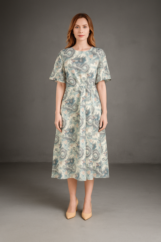 PASTEL DRAGONS SHORT SLEEVE WAIST FOLDING MIDI DRESS MULTI