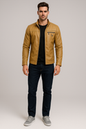 PHOENIX RAISING MEN'S FLEECE DECORATIVE ZIPPER LEATHER JACKET COFFEE