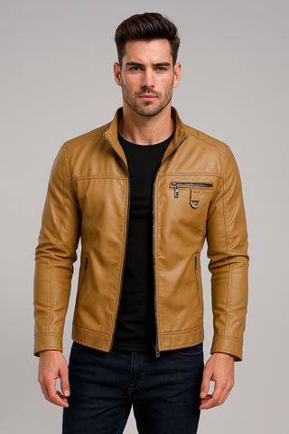 PHOENIX RAISING MEN'S FLEECE DECORATIVE ZIPPER LEATHER JACKET COFFEE