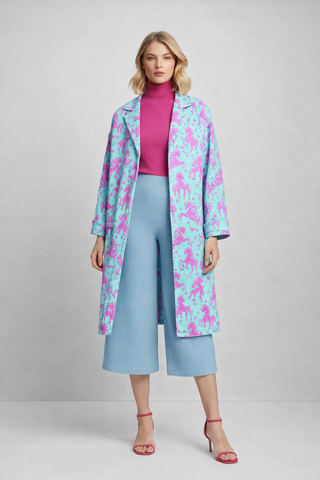Pink & Blue Horses Neoprene Trench Coat Multi