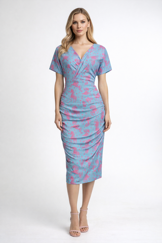 Pink & Blue Horses Women's V-neck Pleated Dress Multi