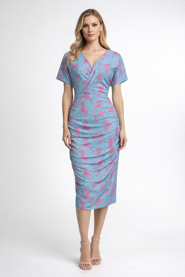 Pink & Blue Horses Women's V-neck Pleated Dress Multi