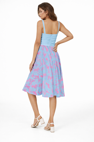 Pink & Blue Horses Sleeveless Square Neck Flare Hem Midi Dress Dormant Blue