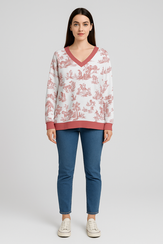 UNICORN IN PINK WOMEN'S V-NECK IMITATION KNITTED SWEATER WITH LONG SLEEVES TULIP PINK
