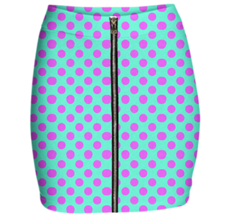 Pink Polka Dots Neoprene Zip Mini Skirt Summer Turquoise