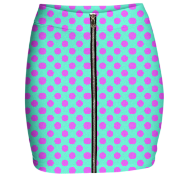 Pink Polka Dots Neoprene Zip Mini Skirt Summer Turquoise
