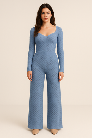 Extra Fine Merino Wool Women's Sweetheart Neckline Top Relaxed Blue
