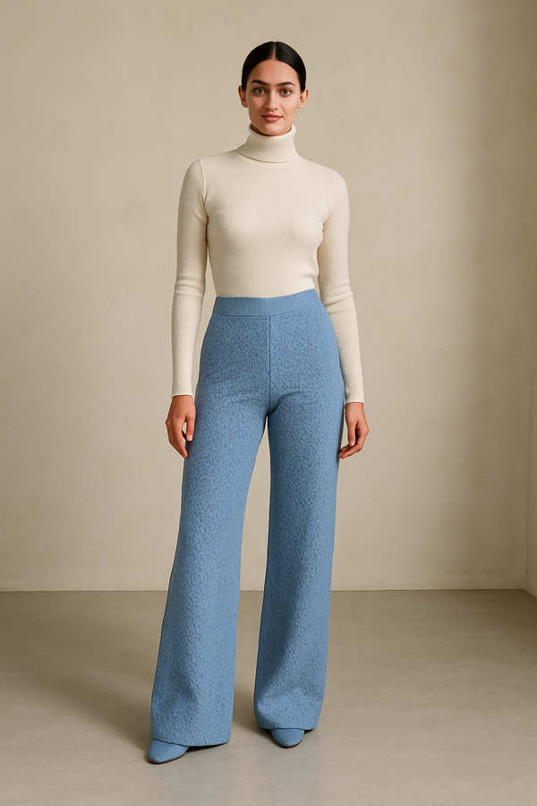 Extra Fine Merino Wool Women's Long Wide Leg Pants Relaxed Blue