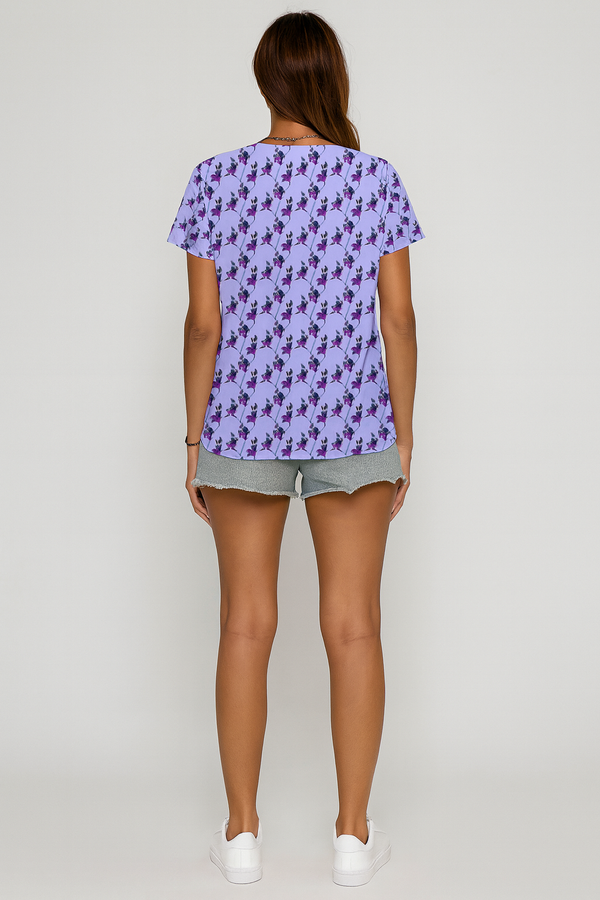 PURPLE FLORAL PATTERN WOMEN'S V-NECK T-SHIRT LIGHT LILAC