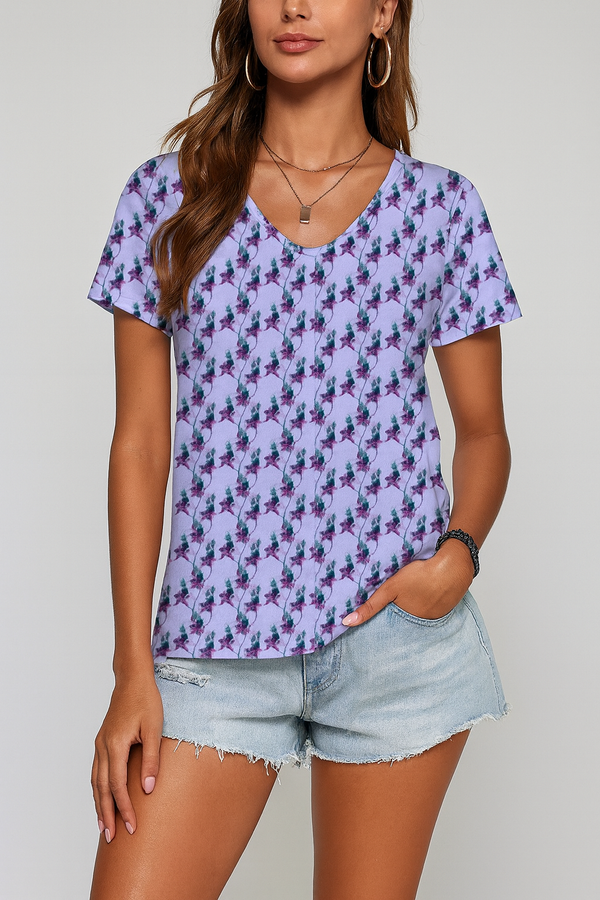 PURPLE FLORAL PATTERN WOMEN'S V-NECK T-SHIRT LIGHT LILAC