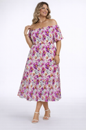 Leopards & Peonies Puff Sleeves Square A-line Dress Symphony Grey