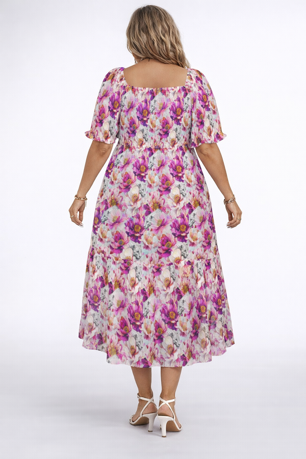Leopards & Peonies Puff Sleeves Square A-line Dress Symphony Grey