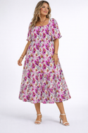 Leopards & Peonies Puff Sleeves Square A-line Dress Symphony Grey
