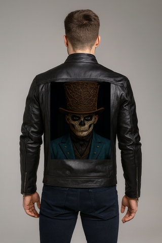 SKULL FACE MEN'S FLEECE DECORATIVE ZIPPER LEATHER JACKET BLACK