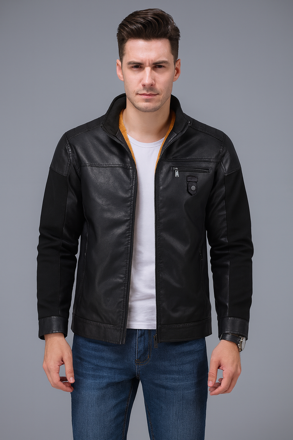 SKULL FACE MEN'S FLEECE DECORATIVE ZIPPER LEATHER JACKET BLACK