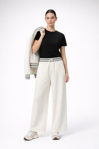 Striped Waist Wide Leg Pants Off White
