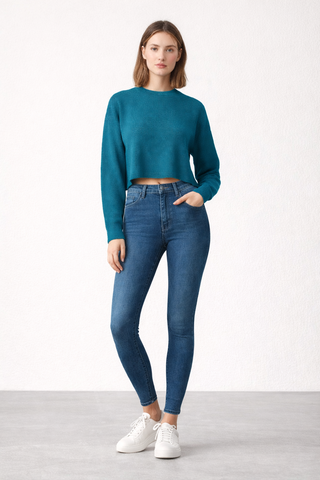 Solid Colour Women's Cashmere Crew Neck Cropped Pullover Topkapi Blue