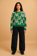 Tiger Head Pattern Women's Boxy Crew Neck Pullover Emerald Green