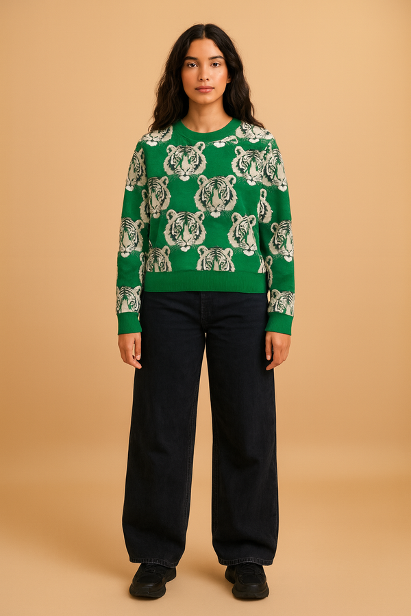 Tiger Head Pattern Women's Boxy Crew Neck Pullover Emerald Green