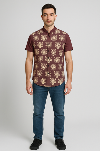 TIGER HEAD MEN'S STAND COLLAR IMITATION FLAX SHIRT MUTED BURGUNDY