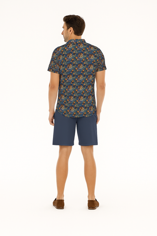 TIGER & TROPCIAL LEAVES MEN'S SHORT SLEEVE SHIRT SET NIGHT BLUE
