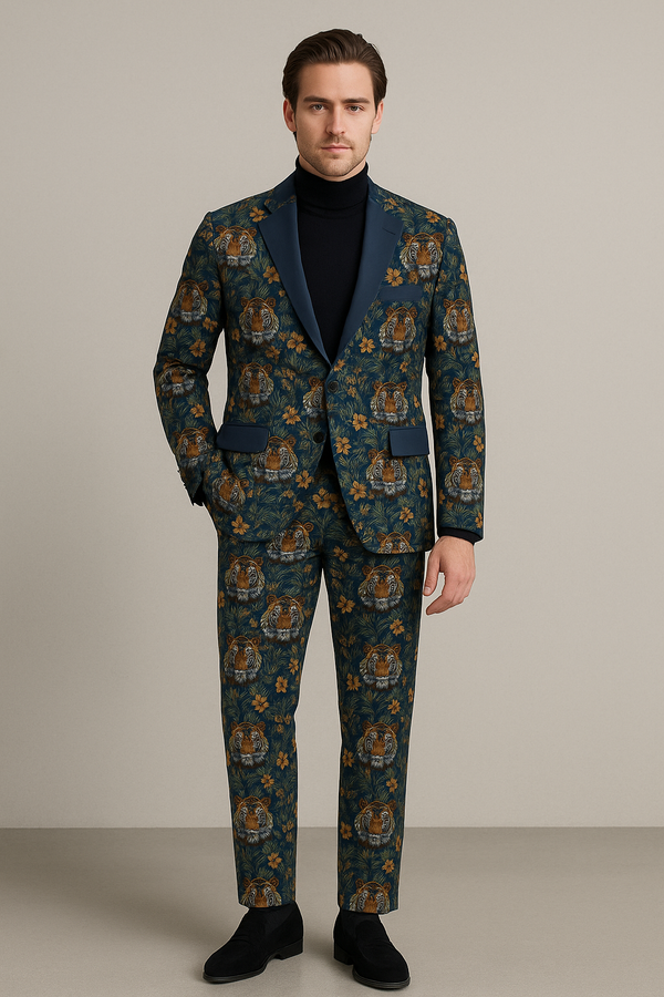 TIGER & TROPICAL LEAVES MEN'S CASUAL FLAT LAPEL COLLAR BLAZER NIGHT BLUE
