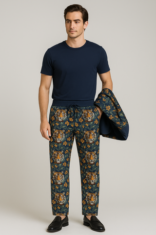 TIGER & TROPICAL LEAVES MEN'S STRAIGHT CASUAL PANTS NIGHT BLUE