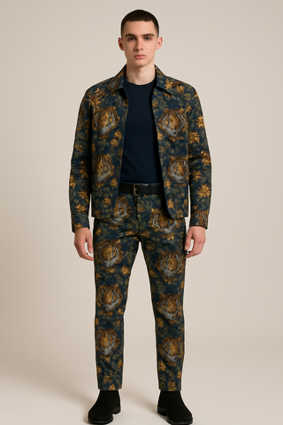 TIGER & TROPCIAL LEAVES MEN'S TWILL JACKET MULTI