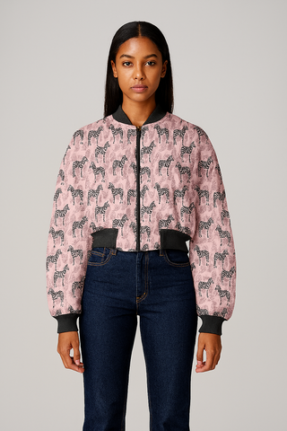 TROPICAL LEAVES & ZEBRAS CROPPED BOMBER JACKET MULTI